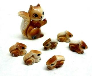 Vintage Squirrel Mama & 6 Babies Figurine Porcelain Japan Paper Label