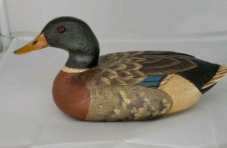 Beautifully Hand Painted Wood Mallard Duck,  Accents Of Green,  Brown And Blue.