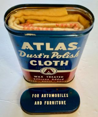 Vintage Atlas Dust N Polish Cloth & Collectable Tin Red White & Blue Tin Can