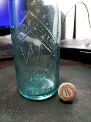 Camden,  Nj/ O.  B.  Weidenhammer/ Aqua Tall Blob Beer Soda Bottle/ Porcelain Stopper