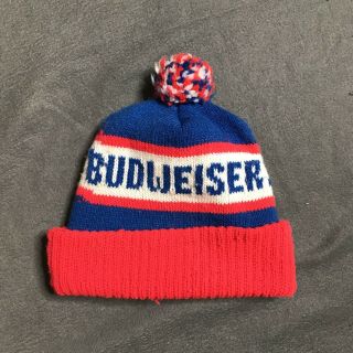 Budweiser Beer - Vtg 70s - Knit Stocking Cap/hat - Red White & Blue W/pom - Pom
