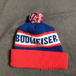 BUDWEISER BEER - VTG 70s - KNIT STOCKING CAP/HAT - RED WHITE & BLUE w/POM - POM 2