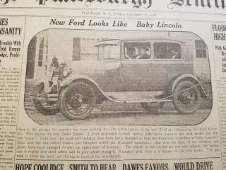 1927 Rare Newspaper Ford Model A Car Automobile Transportation Historical