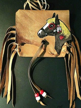 Painted Horse Lambskin Medicine bag,  with fringe and Pony beads. 3