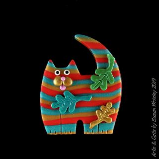 Medium Standing Red Gold Turquoise Kitty Cat & Colorful Fall Leave Pin - Swris