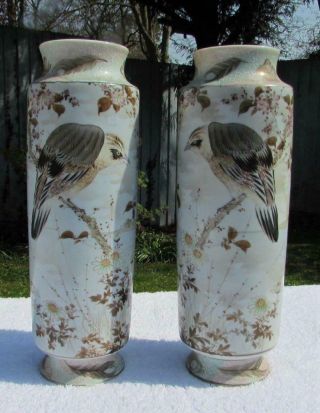 Finest Mirror Pair Antique Japanese 19thc Meiji Kutani Vases - Handpainted - 12 "