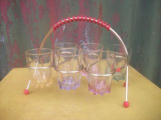Retro Set Of 6 Kitsch Harlequin Coloured Shot Glasses - In A Display - Stand