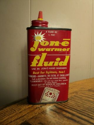 Vintage Jon - E Warmer Fluid 8 Fluid Ounce Tin - 5 - 7/8 " Tall 4.  1 Ounces Usa