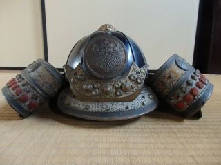 Antique Japanese Samurai Warrior Helmet Clan Heavy Large Old Armor Katakana