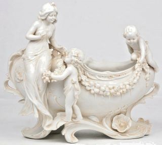 Antique German Bisque Porcelain Jardiniere Planter Putti Lady Romantic
