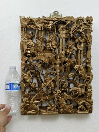 Chinese 3d Gold Gilt Wood Carving Panel Wall Hanging Art 2 16 12