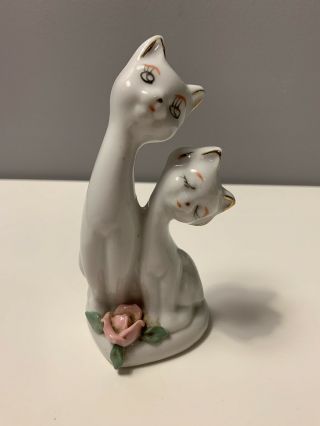 Vintage Porcelain Ceramic White Cat Kitten Pair Long Neck Figurine