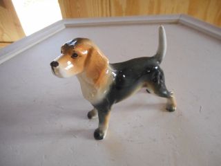 Vintage Japan Tricolor Beagle Porcelain Figurine Glossy Ceramic Standing Dog