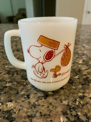 Vintage 1965 Anchor Hocking Fire King Snoopy,  Come Home Woodstock Milk Glass Mug