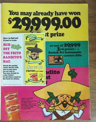 1969 Frito Bandito Fritos Corn Chips Vintage Large Size Color Print Ad,  Coupons