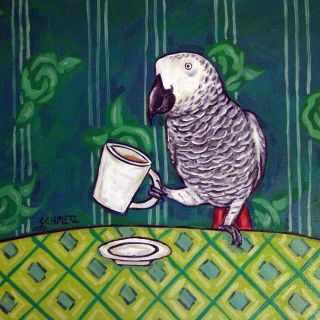African Grey Parrot At The Coffee Shop Cafe Decor Art Tile Bird Coaster