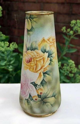 Antique Nippon Blue Maple Leaf Mark Linen Tapestry Porcelain Rose Flower Vase Nr