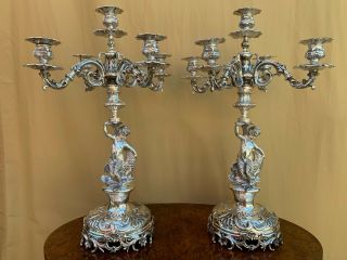 HEAVY SPECTACULAR PAIR LARGE STERLING SILVER 900 CANDELABRA&CANDLESTICKS. 4
