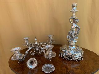 HEAVY SPECTACULAR PAIR LARGE STERLING SILVER 900 CANDELABRA&CANDLESTICKS. 9