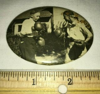 Antique Celluloid Pocket Mirror Real Photo Boxing Sport Boys Gloves Vintage Old