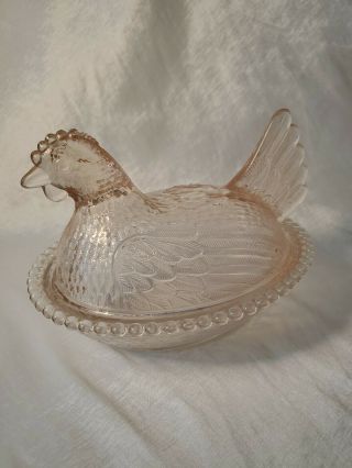 Light Pink Glass Chicken Hen on Nest Basket Covered Candy Dish 2
