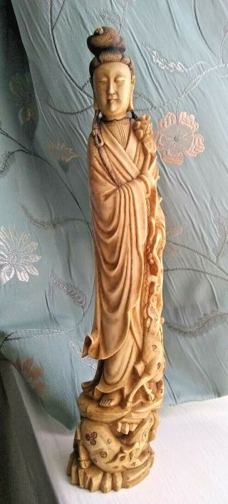 Antique 18th Century Chinese Hand Carved Antler Figure Of Guanyin 10 Inches High