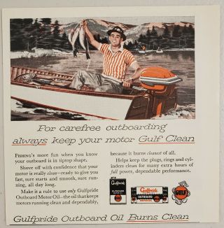 1958 Print Ad Gulfpride Outboard Motor Oil Man Fishing In Boat