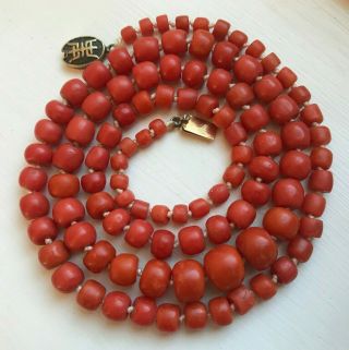 Very Fine Heavy Antique Red Coral Bead Necklace W Gilt Silver Clap - Wow 1940s