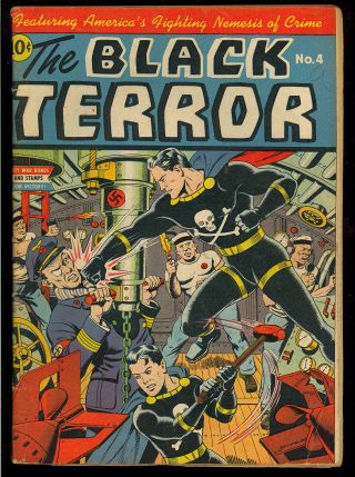 Black Terror 4 Schomburg Nazi Wwii War Cover Golden Age Nedor Comic 1943 Vg -