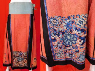Antique Chinese Cinnabar Cut Silk Forbidden Stitch Embroidery Han Wedding Skirt