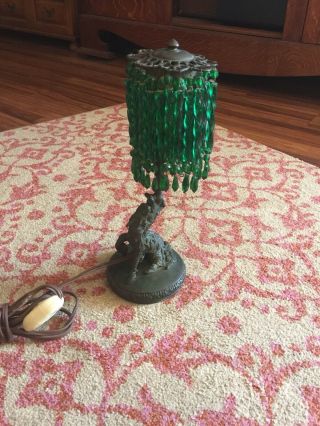 RARE ANTIQUE CHINESE BRONZE DRAGON LAMP WITH GREEN GLASS CRYSTALS 12