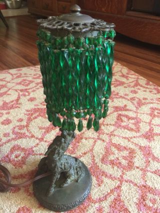 Rare Antique Chinese Bronze Dragon Lamp With Green Glass Crystals