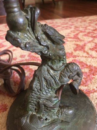 RARE ANTIQUE CHINESE BRONZE DRAGON LAMP WITH GREEN GLASS CRYSTALS 3