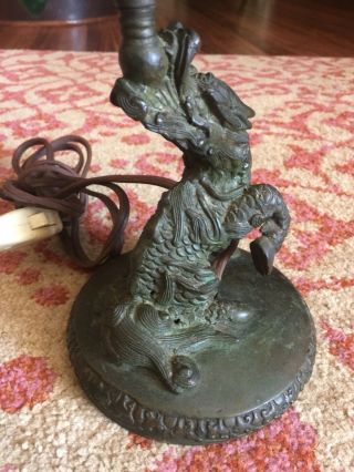 RARE ANTIQUE CHINESE BRONZE DRAGON LAMP WITH GREEN GLASS CRYSTALS 4