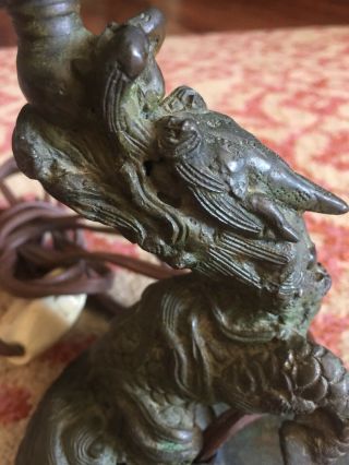 RARE ANTIQUE CHINESE BRONZE DRAGON LAMP WITH GREEN GLASS CRYSTALS 5