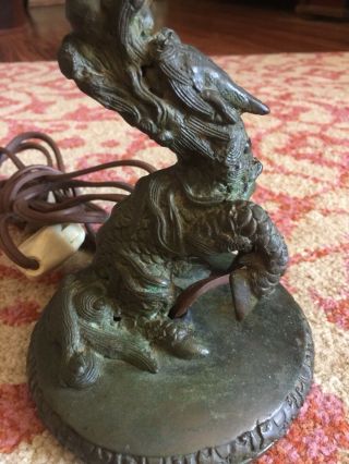 RARE ANTIQUE CHINESE BRONZE DRAGON LAMP WITH GREEN GLASS CRYSTALS 6