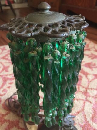 RARE ANTIQUE CHINESE BRONZE DRAGON LAMP WITH GREEN GLASS CRYSTALS 7