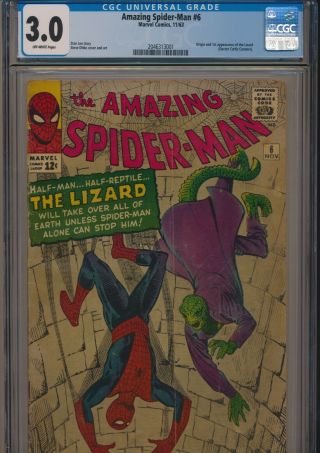 Marvel Spider - Man 6 1963 Cgc 3.  0 Owp 1st Lizard Appearance Sa Key