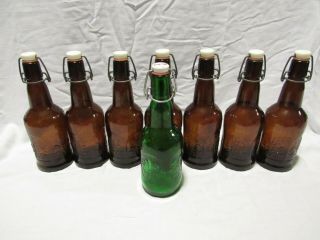 8 Vintage Grolsch Beer Brew Bottles 7 Brown 1 Green Glass Porcelain Swing Tops