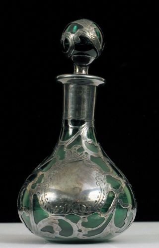 Antique Alvin.  999 Fine Silver Overlay Green Perfume Bottle Art Nouveau W Topper