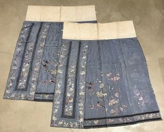 Antique Chinese Hand Embroidered Skirt Panels Damask Silk Birds Cherry Blossom