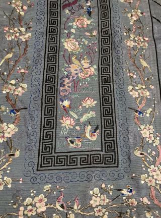 Antique Chinese Hand Embroidered Skirt Panels Damask Silk Birds Cherry Blossom 2