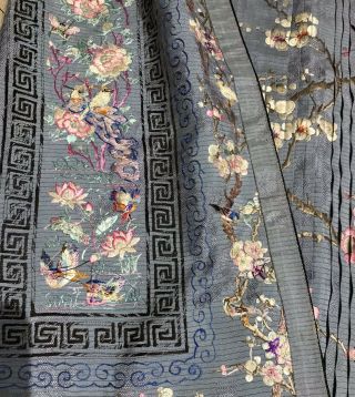 Antique Chinese Hand Embroidered Skirt Panels Damask Silk Birds Cherry Blossom 3