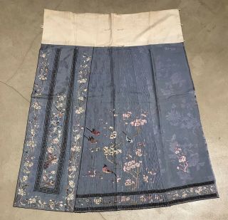 Antique Chinese Hand Embroidered Skirt Panels Damask Silk Birds Cherry Blossom 4
