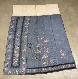 Antique Chinese Hand Embroidered Skirt Panels Damask Silk Birds Cherry Blossom 6