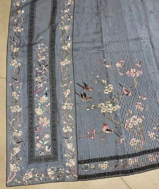 Antique Chinese Hand Embroidered Skirt Panels Damask Silk Birds Cherry Blossom 7