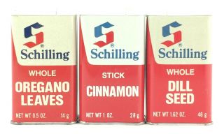 3 Vintage Empty Red & White Metal Schilling Spice Tins Cans Plastic Lids 1980 