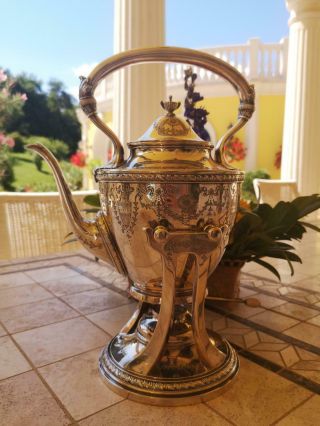 Fine Antique Silver Sterling Tea Kettle With Stand 1920c.  Hand Decorated