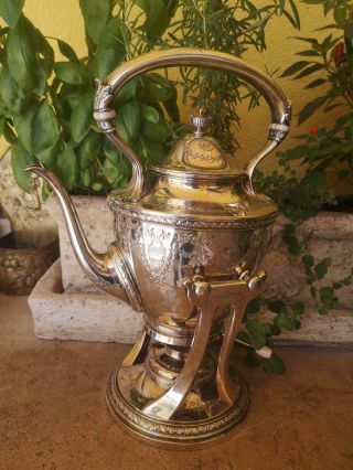 Fine Antique Silver Sterling Tea Kettle With Stand 1920c.  Hand Decorated 2