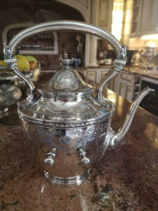 Fine Antique Silver Sterling Tea Kettle With Stand 1920c.  Hand Decorated 3